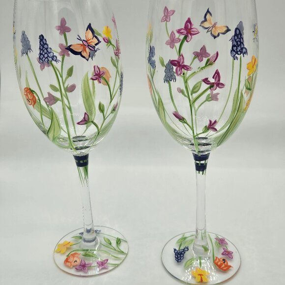 Vintage Block Basics Secret Garden Hand Painted Wine Goblet Glasses Set of 4 - Picture 5 of 5